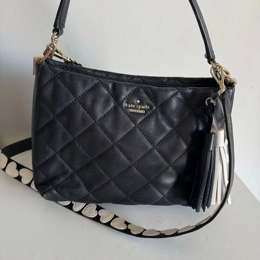 Kate Spade Quilted Leather Crossbody Bag With Embroidery Heart Strap & Tassels